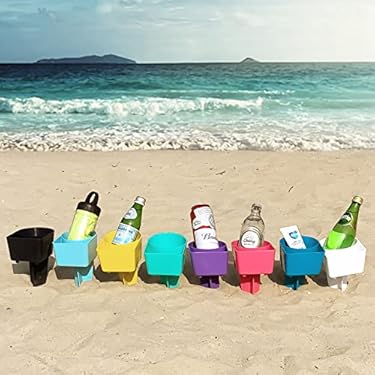 AMAZON - Home Queen Beach Cup Holder with Pocket, Sand Cup Holder for Beverage Phone Sunglasses Key, Beach Vacation Accessories, Beach Trip Gifts, Multicolor 8 Piece Set