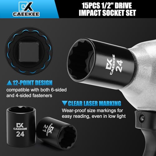 Image of 15PCS 1 /2 inch Drive Shallow 12-Point Impact Socket Set, Metric(11mm - 32mm), Cr-V Steel, Includes Drill Socket Adapter