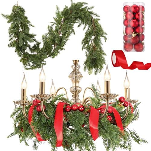 Janinka Christmas Garland for Chandelier 6ft Artificial Greenery Garland with 24 Pcs Red Christmas Balls Ribbon for Xmas Party Chandelier Mantle Front Door Stair Railing Outdoor Decoration