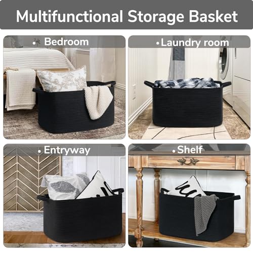 TIMEYARD Wäschekorb Geflochten, Wäschekorb Schwarz, Korb Geflochten, Aufbewahrungskorb für Baby Spielzeug, Square Laundry Baskets, Korb Aufbewahrung für Decken, kissen, Gästehandtuchkorb, 65L, Schwarz