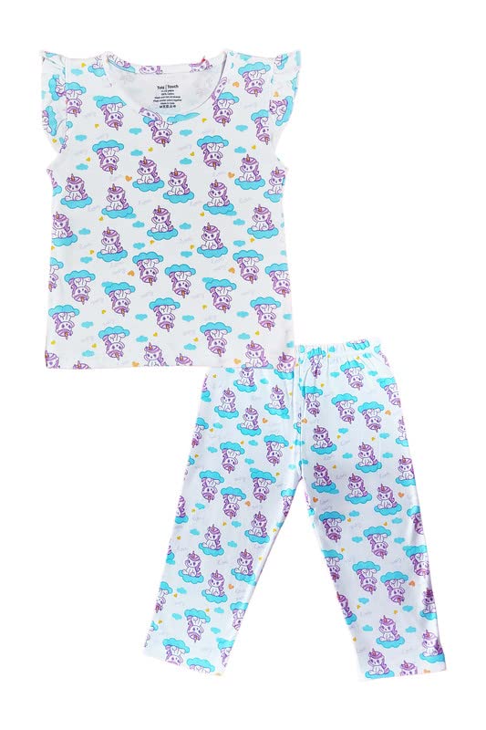 TotzTouchGirls Cotton Pyjama Set Printed T Shirt Capri Pant (3/4 th Pant) Night Dress (Pink Heart and Unicorn Design) Age 3 Years to 16 Years Pack of 1