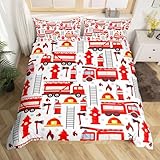 Fire Truck Kids Bedding Set - Comforter & Duvet Cover w/Helmet, Ladder, Extinguisher, Hydrant Theme, Twin