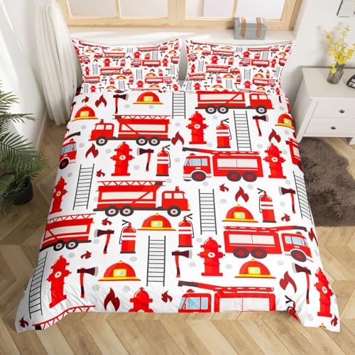 Fire Truck Bedding Set for Kids Boys Red Fire Fighting Supplies Pattern Comforter Cover Set Helmet Ladder Fire Extinguisher Fire Hydrant Print Duvet Cover Girls Adult Teens Fire Theme Beddings, Full