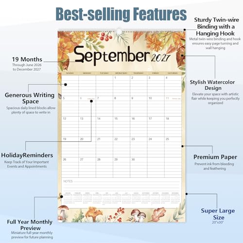 Image of Guasslee 2026 Large Wall Calendar,20 inchx 30 inch Vertical Jumbo Hanging Wall Planner,19 Monthly Calendar from Jun. 2026 to Dec. 2027 with Lines,Spiral Binding and Notes for Easy Organizing