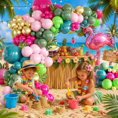 Image of 146Pcs Tropical Flamingo Balloon Arch Garland Kit, Hot Pink Dark Green Light Pink Lake Blue Gold with Flamingo Foil Balloons for Hawaiian Luau Aloha Summer Beach Birthday Party Decorations