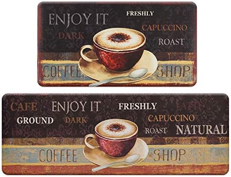 ROSMARUS Coffee Kitchen Rug Set 2 Pieces, Kitchen Floor Mats Cushioned Anti-Fatigue Waterproof Easy to Clean Comfort Standing Kitchen Mats for Floor