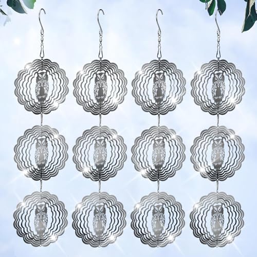 Owl Bird Deterrents for Outside,3D Stainless Steel Wind Spinners Outdoor Decor,Reflective Bird Scare Discs Set,Shiny Bird Reflectors to Keep...