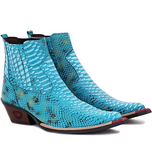 Bota Texana Masculina Country Botina Bico Fino Couro Jacaré Cor:Azul Claro;Tamanho:39
