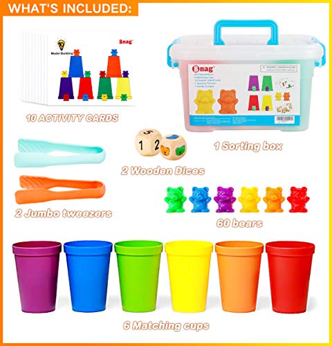 Image of Bmag Counting Bears with Matching Sorting Cups,Pre-School Math Learning Games with 2 Dices,Color Recognition STEM Educational Toy for Toddler Bonus Tweezers, Storage Box, Activity Cards