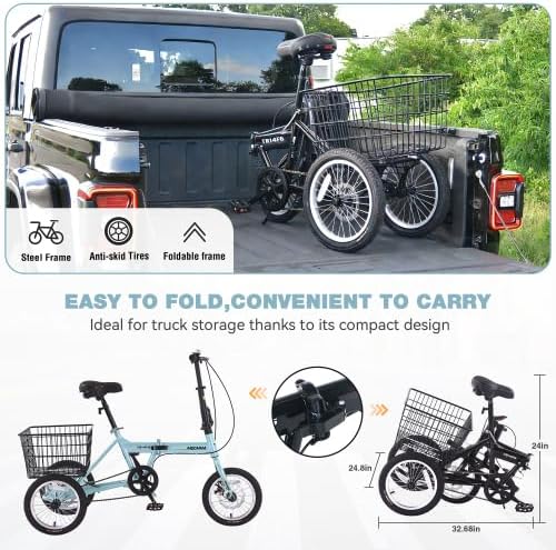 Folding Tricycle for Adults, 14 Inch 3 Wheel Bikes for Adults with Basket, 95% Pre-Assembled Collapsible Steel Frame 200 LBS Capacity