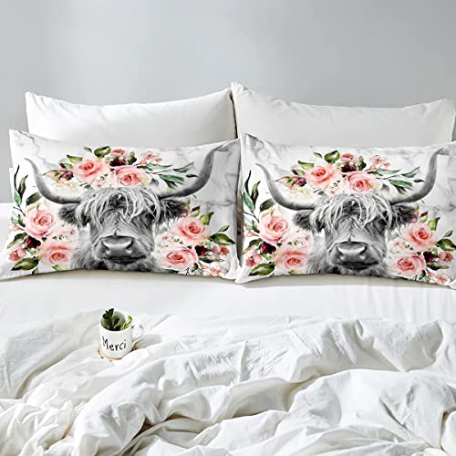 Highland Cow Flower Bed Sheets King, Bull Cattle Sheet Set, Western Funny Animal Bedding Set, Wildlife Farmhouse Cow Fitted Sheet Rose Grey Marble, 1 Flat Sheet, 1 Fitted Sheet, 2 Pillowcases #TOP3