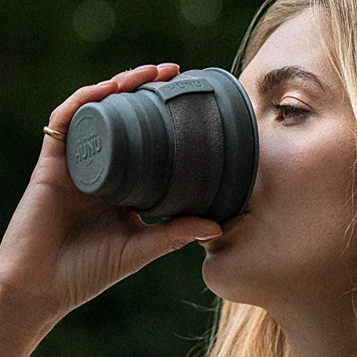 HUNU Leakproof Pocket Cup Collapsible Coffee Cup | Reusable Coffee Cup Travel Mugs for Hiking Cycling Camping - BPA Free Portable Espresso Silicone Cups with Lids - 9 oz (Charcoal Grey)