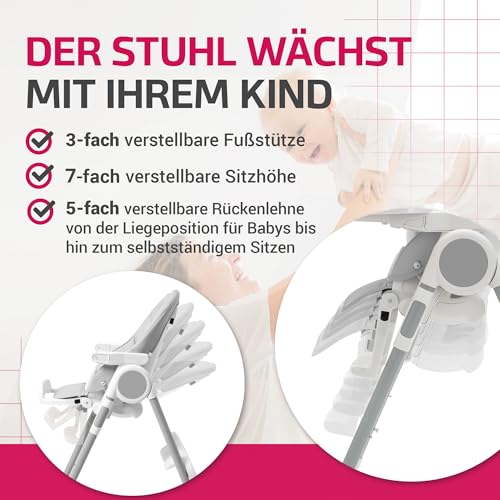 Suleno® Hochstuhl Baby mit Spielbogen, Ablage und Liegefunktion - für Junge Eltern, Vielseitiger Kinderhochstuhl, Ergonomischer Baby Hochstuhl für Komfort und Sicherheit (Hellgrau)