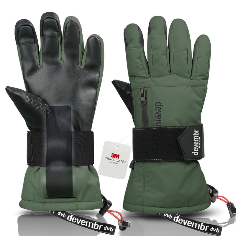 devembr Snowboarding Gloves with Wrist Guards, Ski Gloves Touchscreen, Green, S