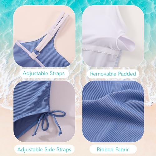Image of Weixinbuy Girls Swimsuit Ribbed Bathing Suit for Girls Adjustable Strap Color Block Summer Beach One Piece Swimsuit