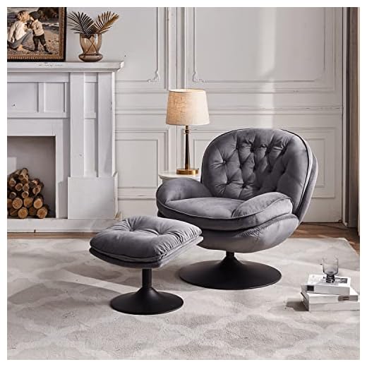 JOYBASE Swivel Accent Chair with Ottoman, Velvet Armchair with Ottoman, Mid-Century Modern Lounge Chair and Ottoman Set, Reading Chair for Living Room Indoor Bedroom (Model07, Dark Grey)