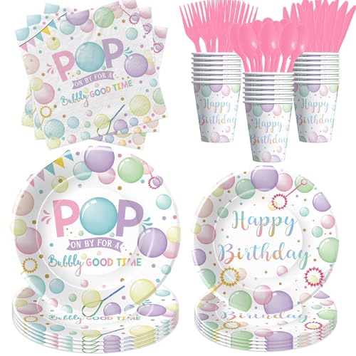 FVABO Bubble Birthday Party Decorations Tableware for Girl, Summer Pastel Pop On Over Bubbles Theme Party Supplies for Birthday Baby Shower, Paper Plate, Napkin, Cup, Disposable Cutlery, Serves 24