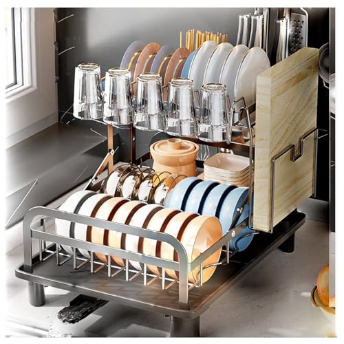 Escurreplatos con bandeja de goteo, escurridor de platos de 2 niveles con soporte para cubiertos y boquilla giratoria, accesorio de cocina que ahorra espacio para un secado sin esfuerzo
