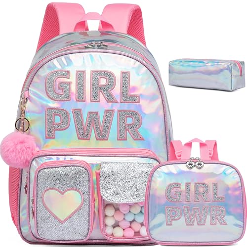 HTgroce Mochila para meninas do ensino fundamental para escola, conjunto de mochila pré-escolar com lancheira e estojo de lápis, Rosa 01, 16.5 x 11.8 x 6.7 inches