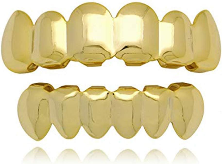 24K Gold Plated Hip Hop Punk Custom Fit Teeth Grillz Caps Top & Bottom Grill Set Removable