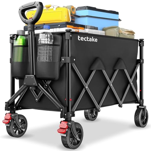 tectake® Bollerwagen faltbar, Transportwagen klappbar, Transporter mit Teleskopgriff und Rückholmechanismus, Profil Kunststoffräder mit Bremse, mit Plane und Einlegebogen, Belastbarkeit 80 kg - 120 L