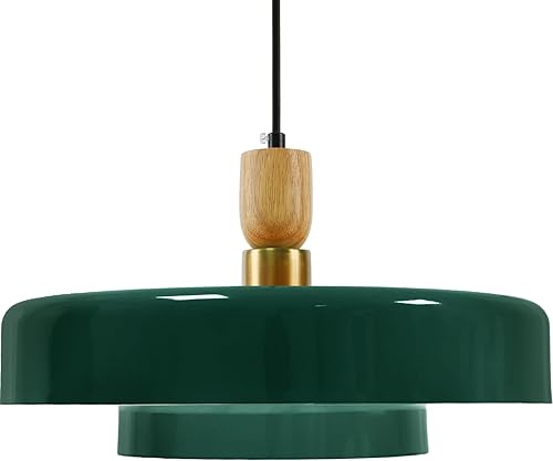 Miniatura 1 de Lámpara colgante verde de 2 niveles, lámpara moderna de granja de 13.8 pulgadas, lámpara de madera natural, accesorio colgante de techo de mediados