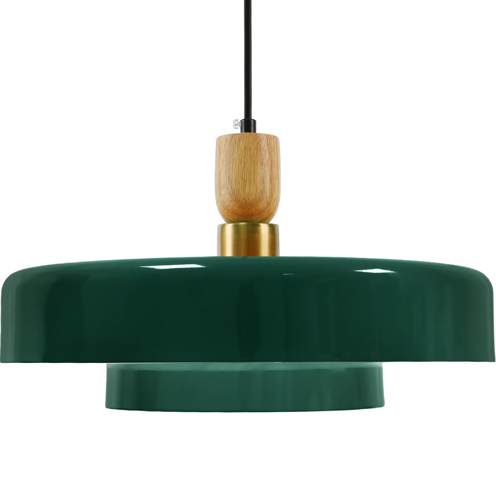 Mid Century Hanging Pendant Light Fixture Green Chandelier 13.8" 2 Layer Metal Shade Wood Vintage Ceiling Light for Dining Room Light Fixtures Over Table Kitchen Island Bedroom