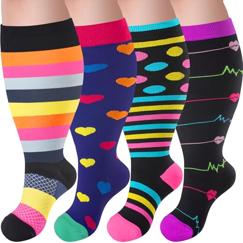 Image of 4 Pairs Plus Size Compression Socks,Extra Wide Calf 20-30 mmHg Knee High Compression Socks for Men Women Circulation