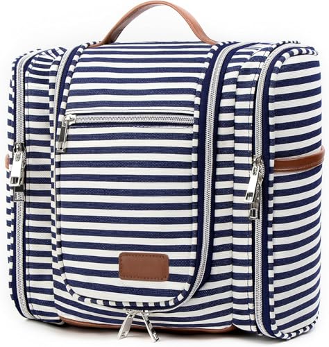 Pearl Angeli Hanging Toiletry Bag for Women, Large Makeup Cosmetic Bag, Water Resistant Toiletries Travel Essentials Organizer, Full-size Container, Navy-striped