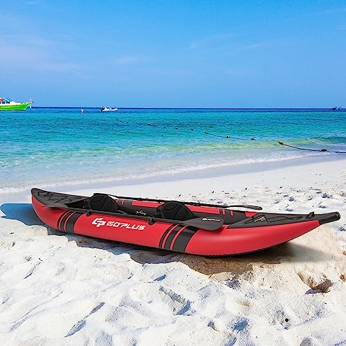 Goplus Inflatable Kayak, 2-Person Kayak Set for Adults with 507 LBS Weight Capacity, 2 Aluminium Oars, EVA Padded Seat, 2 Fins, Hand Pump, Carry Bag, Repair Kit, Portable Touring Kayaks (Red)