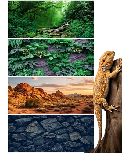 Image of Breling 4 Pcs 30 x 11.8 Inch Reptile Habitat Background with Nano Glue Gobi Sun Black Stone and Tree Fern Stream Terrarium Background Polyester Durable Aquarium Accessories