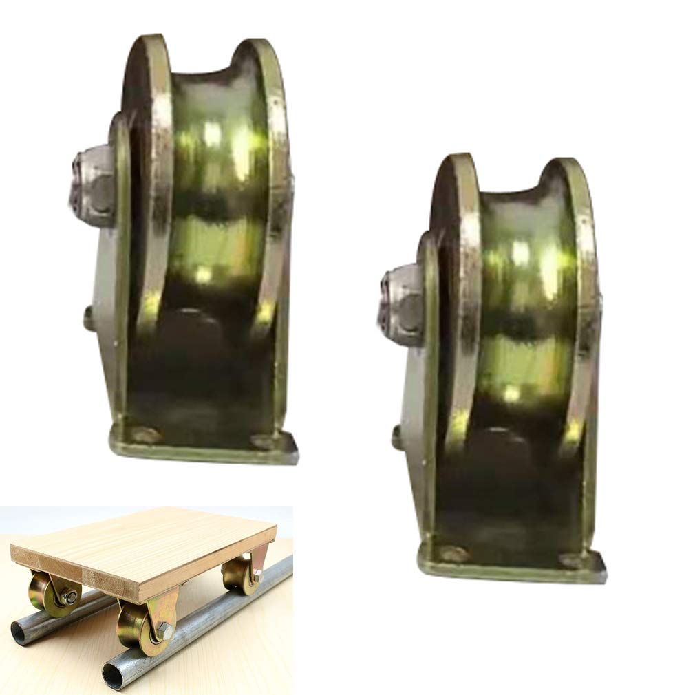 Rillenrad vom U-Typ, Schwerlast-Rigider aus farbigem Stahl mit Halterung, für umgekehrte Schiene, Rolltor, Industrie, Drahtseilschiene, Tragfähigkeit 200–1200 kg, 2 Stück (U-Typ 4 Zoll/100 mm)/V-Typ