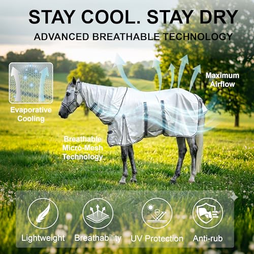 Image of Summer Horse Fly Sheet with Detachable Neck & Belly Wrap, Breathable Fine Mesh Sweet Itch Protection for Stable & Pasture Turnout, Biting Defense & All-Day Comfort Shield Lightgrey 75 inch