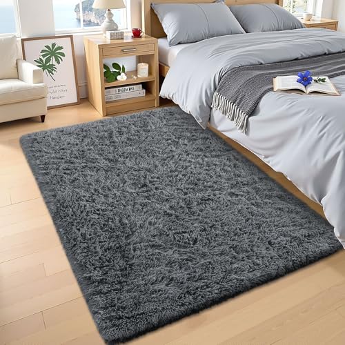 OLANLY 3x5 Machine Washable Small Bedside Rug, Soft Fluffy Shaggy Rugs for Living Room, Bedroom, Indoor Floor Carpet for Kids Girls and Boys, Preppy Dorms, Nursery, Home Decor Aesthetic, Grey