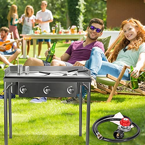 TELAM Flat Top Gas Grill Griddle Portable 3-Burner Propane Gas Grill and Griddle Combo Stainless Steel BBQ Gas Grill With Folding Legs, Propane Gas Grill for Outdoor Use