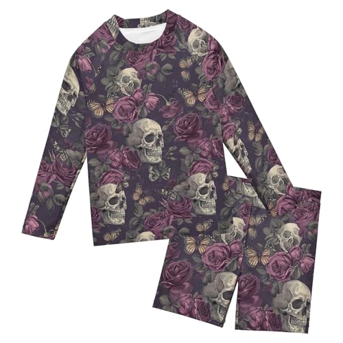 Sugar Skull Skeleton Gothic Flowers Toddlers and Baby Boys' Swimsuit Trunk and Rashguard Set B0403717