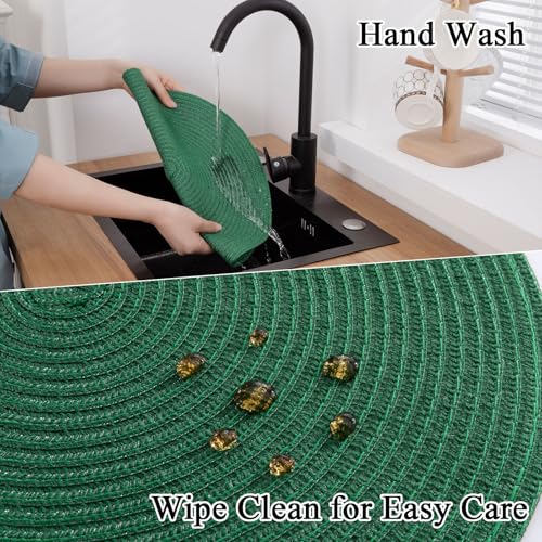 Image of SHACOS Dark Green Round Placemats Set of 6 Cotton Polyester Braided 15 inch Washable Kitchen Dining Table Place Mats Christmas Table Mats for Home Wedding Party Decor