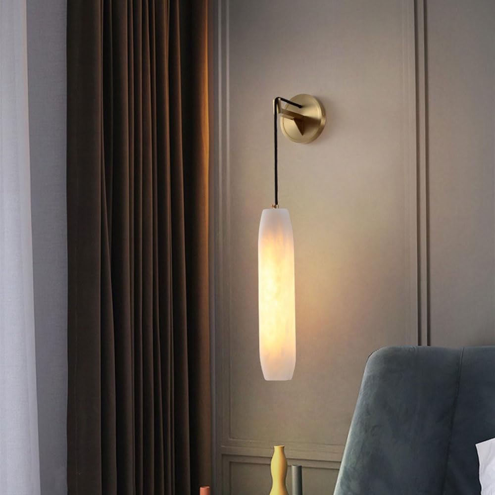 HUAYUSEDF Natural Alabaster Wall Sconce Gold Modern Hanging Sconces for Bathroom Luxury Light Fixture Marble Lighting White Stone Lamp for Stair Foyer