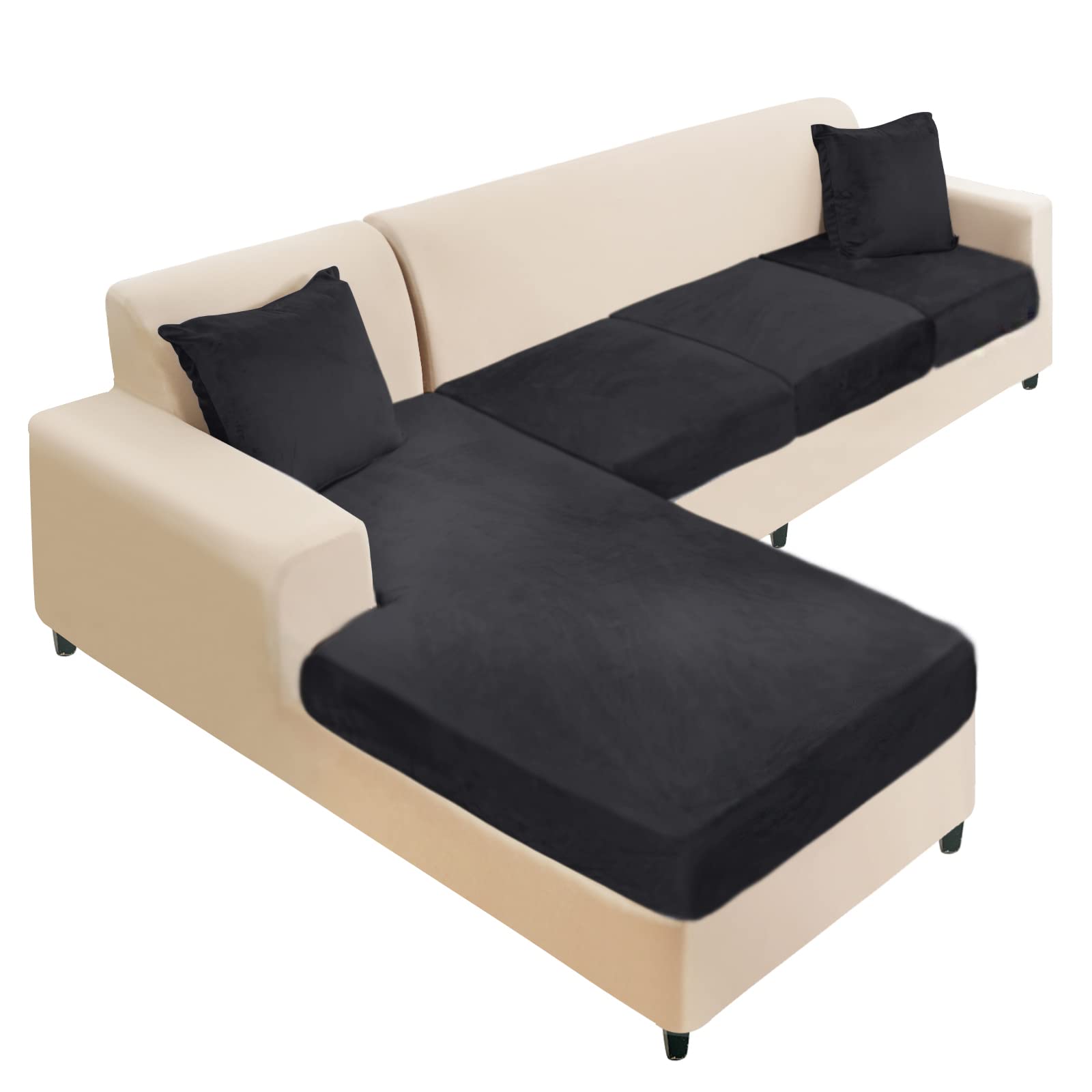 NAISI Sectional Couch Cover 4 Pieces Velvet Separate Couch Cushion Covers L Shape Soft Stretch Sofa Slipcovers with 2pcs Pillowcases for Left/Right Chaise Sectional Couch(3 Seater+1 Chaise,Black)