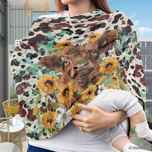 Image of Wanyint Highland Cow Sunflower Baby Car Seat Covers Nursing Scarf Car Seat Canopy Shopping Cart Cover and High Chair Cover Protect Babies and Breastfeeding Mothers