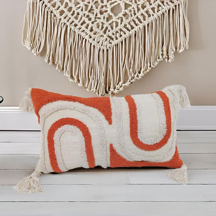 RinRinfam Bohemian Rainbow Lumbar Throw Pillow Covers with Tassels, Accent Boho Tufted Decorative Pillowcase, Soft Farmhouse Neutral Home Decor for
