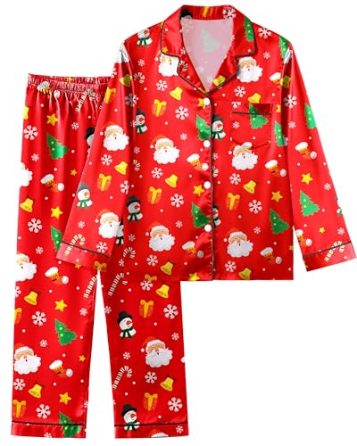 Nidoul Girls Christmas Pajamas Satin Pajama Set Silk Pjs Long Sleeve Button Down Girls Sleepwear Loungewear Sets for Big Kids Size 11-12