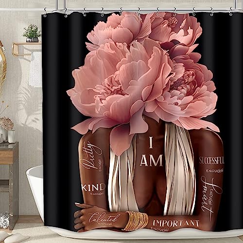MESHELLY Pink Black Girl Shower Curtain 60Wx72H Black Woman Peony Floral Quotes Girly Bathroom Curtain Set African American Shower Curtain Set Inspirational Modern Afro Bathroom Decor 12 Hooks