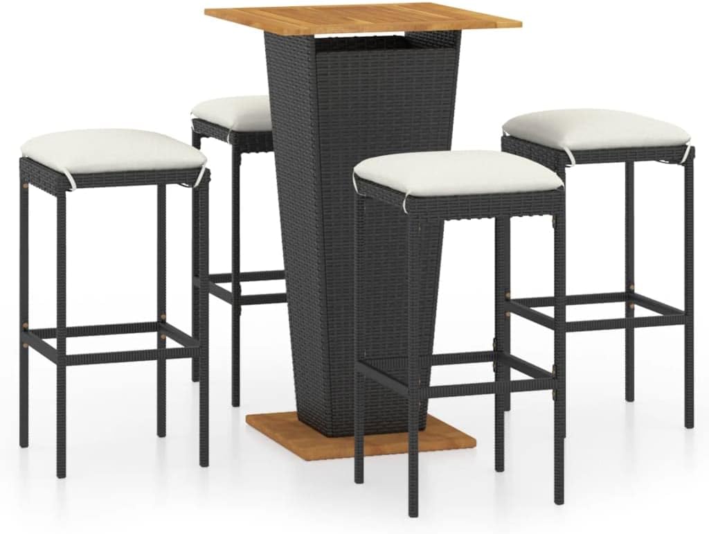 5 Piece Garden Bar Set with Frame Powder Coated Metal and Acacia Wood Tabletop for Outdoor Dining on Patio or Garden Terrace, Includes 4 Stools with Cushions and Footrests