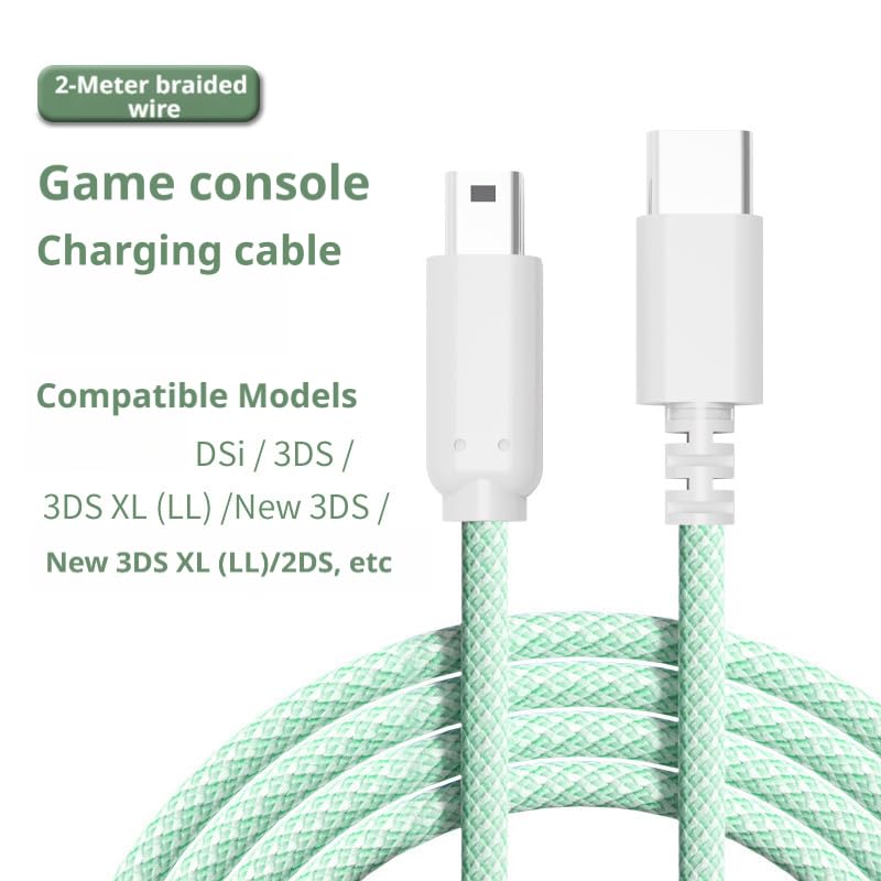 Charging Cable Compatible with Nintendo DSi / 3DS / 3DS XL/New 3DS LL Handheld Consoles, 2M Braided Cable, Type-C to DSi Connector, 55000+ Bends (Green) image 3