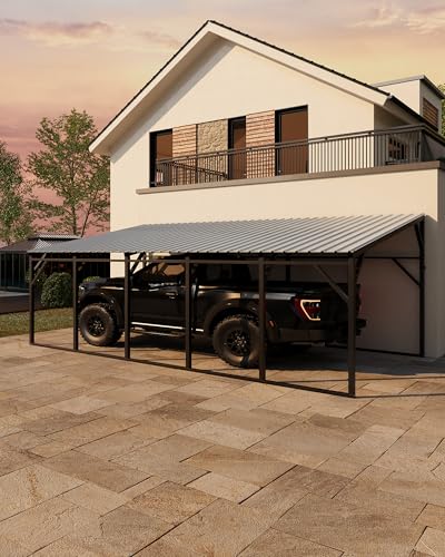 Image of Garvee 12x25 ft Lean-to Metal Carport, Vertical Roof Wall-Mounted Car Port for Snow Shedding, Heavy-Duty 19-Ga. Steel Frame, 107 inch to 78 inch Height for Long-Bed Pickup & SUV