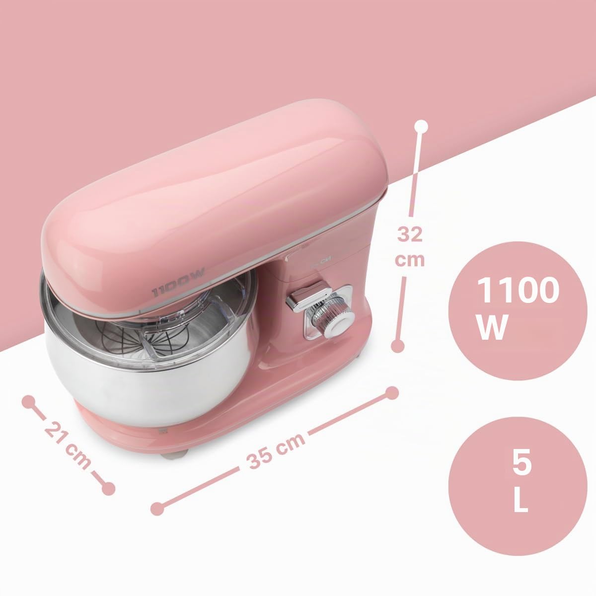 Clatronic® Máquina de Cocina Retro para Hornear | Amasadora 5L |1100W | Amasadora | Gancho y Batidor | Amasadora Protector contra salpicaduras con abertura de repuesto - KM 3711 rosa