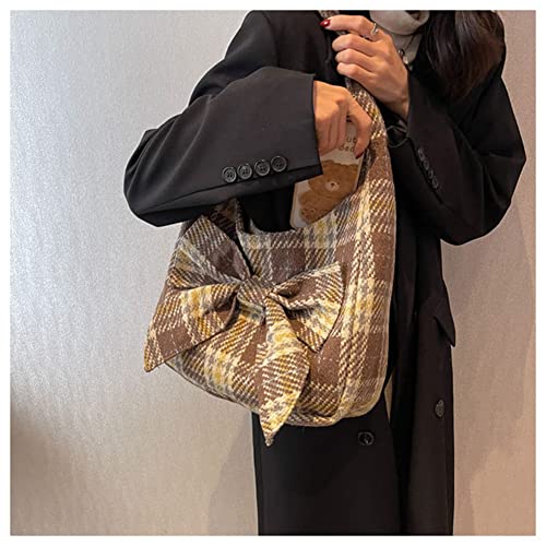 Image of Fashion Shoulder Hobo Bags for Women Wool Tweed Tote Bags Plaid Pattern Bowknot Handbags and Purses Large Capacity