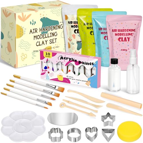 Töpferset für Zuhause für Anfänger 36 Teiliges 2kg Lufttrocknender Ton mit Glanzlack Farbe Werkzeugset Pinsel Schwamm Töpfern ohne Brennen für Erwachsene und Kinder für Kreative Projekte