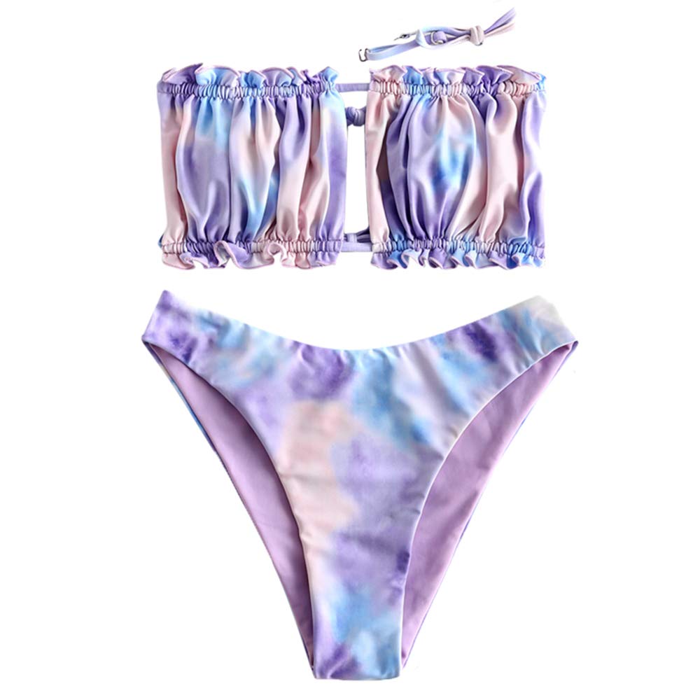 Women's Strapless Ribbed Tie Back Ruffle Cutout Bandeau Bikini Set Swimsuit